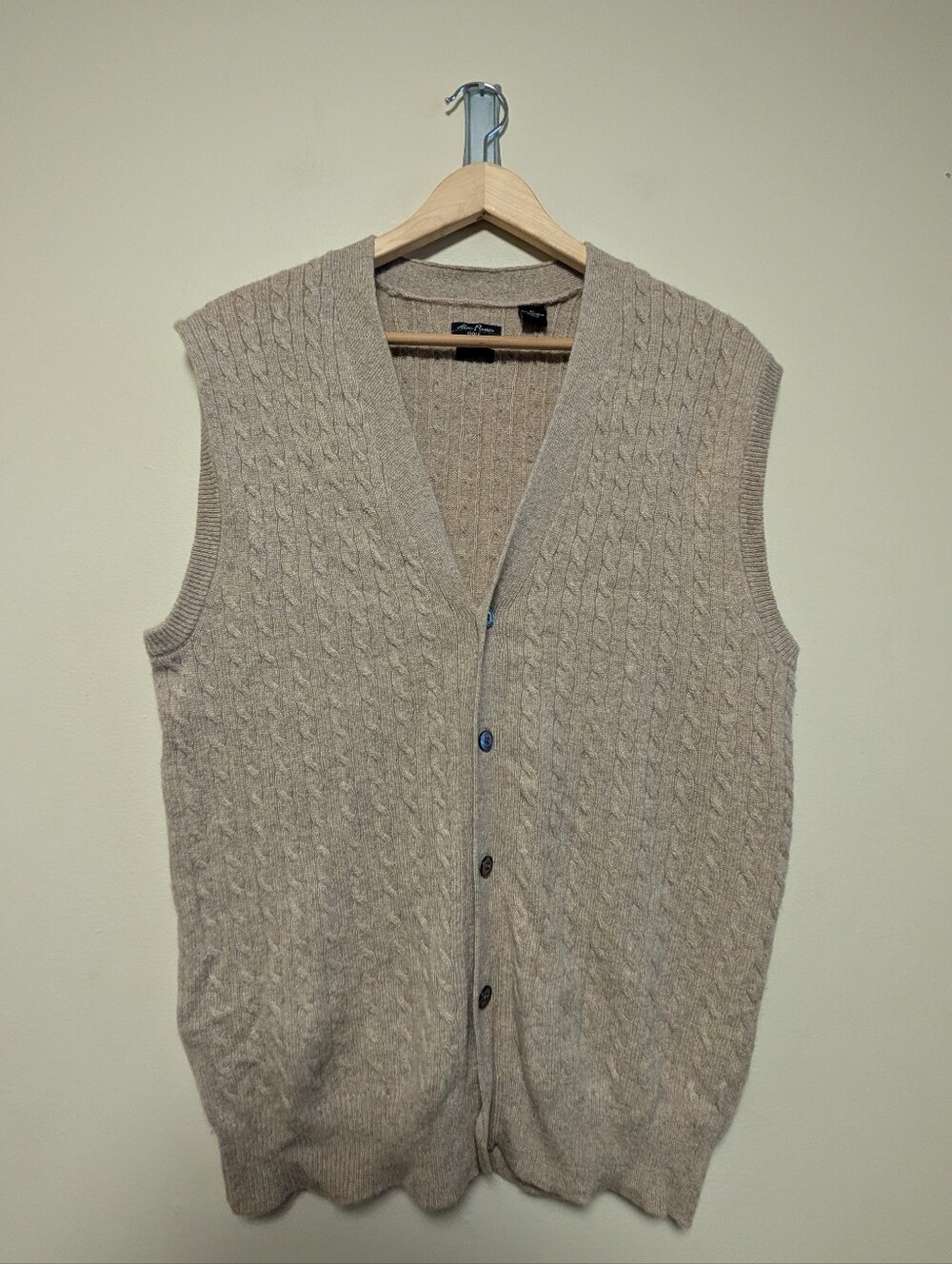 Alan Flusser Golf 100% Cashmere Cable Knit Sweater Vest XL Beige
